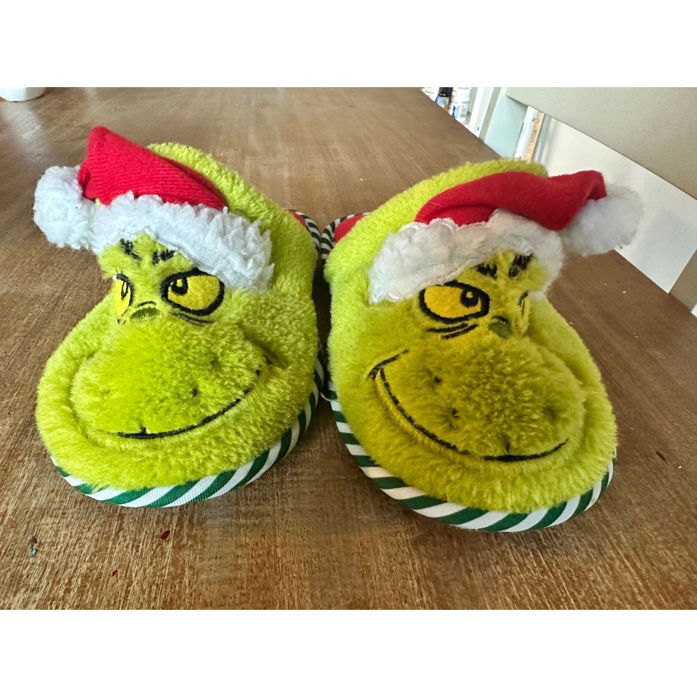 Dr Seuss The Grinch Kids Plush Christmas Slippers Green Santa Hat Size M 13-1